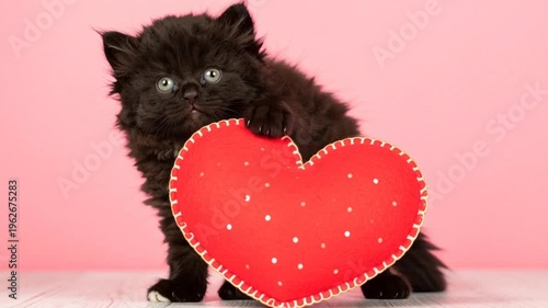 Black kitten with heart toy.