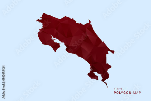Costa Rica Map - Low poly polygon map in deep red gradient on light blue background, modern minimal geometric design, vector illustration with faceted triangulated style.