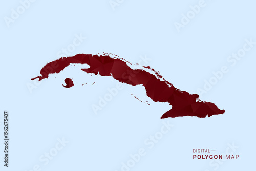 Cuba Map - Low poly polygon map in deep red gradient on light blue background, modern minimal geometric design, vector illustration with faceted triangulated style.