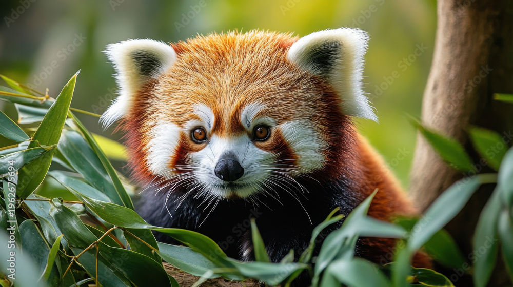 Fototapeta premium Adorable Red Panda Sitting on a Tree Branch Surrounded by Lush Green Leaves