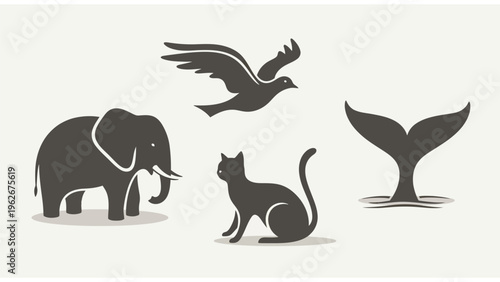 A minimalist set of animal silhouettes featuring elephant cat bird and whale tail with soft shadows