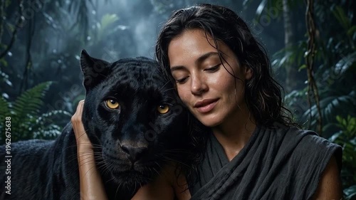 Woman leaning close to a black panther in a dramatic outdoor setting