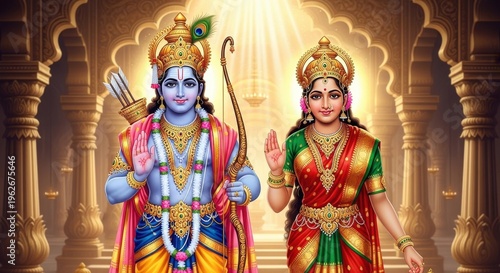 Hindu gods rama and sita standing in temple archway with golden light