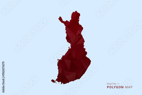 Finland Map - Low poly polygon map in deep red gradient on light blue background, modern minimal geometric design, vector illustration with faceted triangulated style.