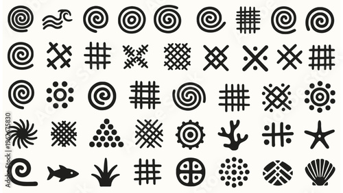 Minimalist black tribal symbols and primitive icons set arranged in a grid on beige background