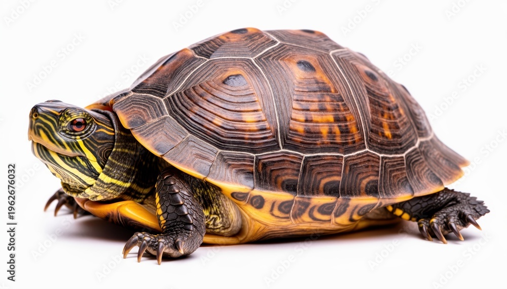 Fototapeta premium Turtle in Detailed: A close-up shot of a turtle showcases its intricate shell, revealing detailed patterns and textures, highlighting the beauty of nature's design.
