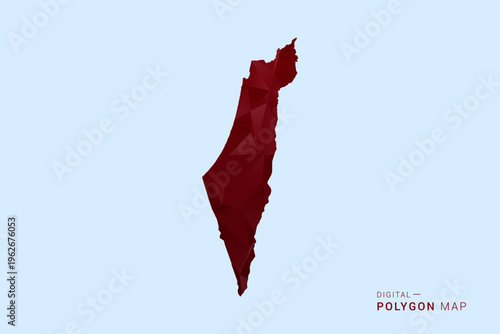 Palestine Map - Low poly polygon map in deep red gradient on light blue background, modern minimal geometric design, vector illustration with faceted triangulated style.