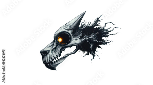 Wolf Skull with Glowing Orange Eye Dissolving into Abstract Forms on Transparent Background