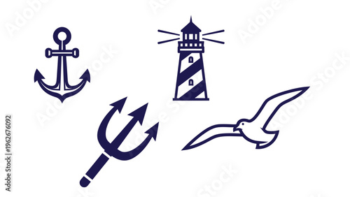 Set of four nautical icons featuring lighthouse anchor trident and seagull in navy blue minimalist style