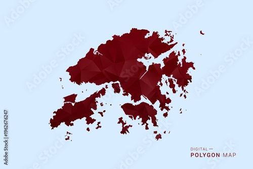 Hong Kong Map - Low poly polygon map in deep red gradient on light blue background, modern minimal geometric design, vector illustration with faceted triangulated style.