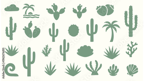 A collection of desert cacti and tropical plant silhouettes in sage green on cream background
