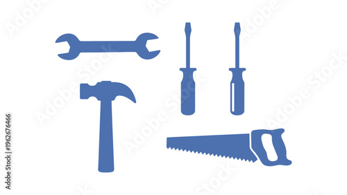 Minimalist flat vector hand tool set with blue silhouettes including hammer and wrench on white background