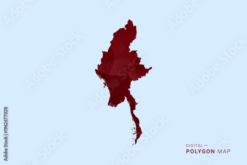 Myanmar Map - Low poly polygon map in deep red gradient on light blue background, modern minimal geometric design, vector illustration with faceted triangulated style.