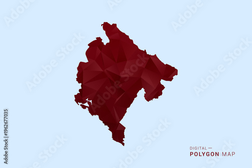Montenegro Map - Low poly polygon map in deep red gradient on light blue background, modern minimal geometric design, vector illustration with faceted triangulated style.