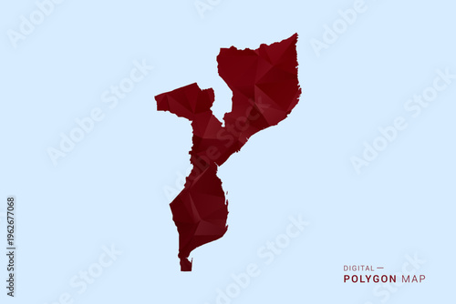 Mozambique Map - Low poly polygon map in deep red gradient on light blue background, modern minimal geometric design, vector illustration with faceted triangulated style.