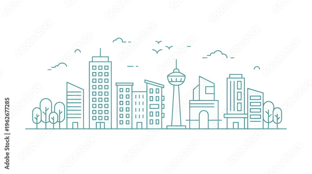 Obraz premium Modern City Skyline Outline Illustration with Tall Buildings and Trees.