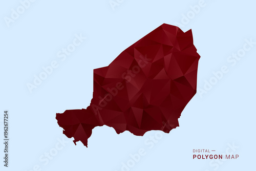 Niger Map - Low poly polygon map in deep red gradient on light blue background, modern minimal geometric design, vector illustration with faceted triangulated style.