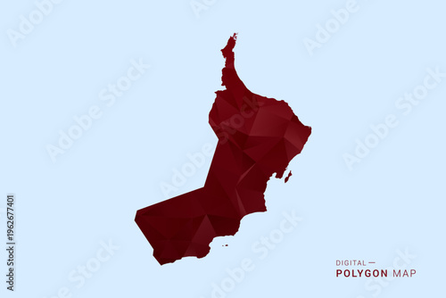 Oman Map - Low poly polygon map in deep red gradient on light blue background, modern minimal geometric design, vector illustration with faceted triangulated style.