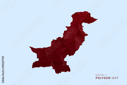 Pakistan Map - Low poly polygon map in deep red gradient on light blue background, modern minimal geometric design, vector illustration with faceted triangulated style.