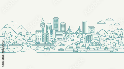 Modern Cityscape with Mountains and River Illustration.