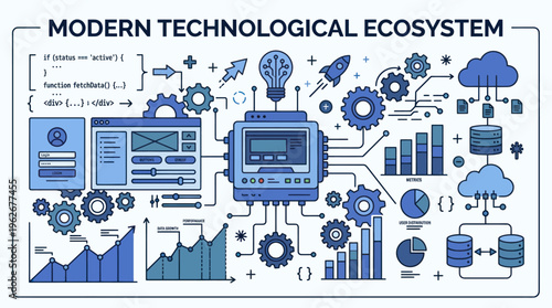 Modern Technological Ecosystem with Interconnected Devices and Data Flow.