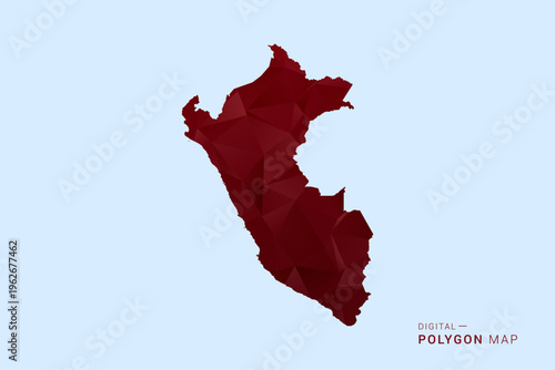 Peru Map - Low poly polygon map in deep red gradient on light blue background, modern minimal geometric design, vector illustration with faceted triangulated style.