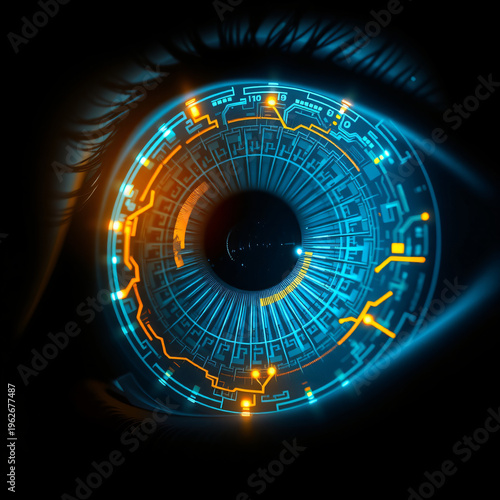Futuristic AI Eye with Glowing Circuits and Cyber Technology Detail