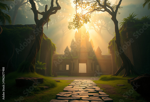 Ancient Stone Temple Ruins in Misty Jungle with Golden Morning Light