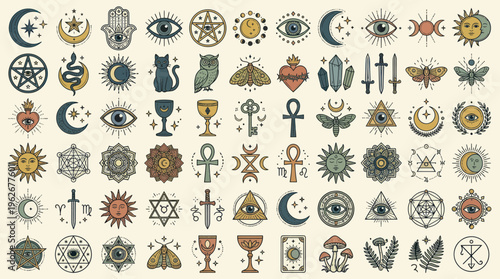 Mystical Esoteric Symbols Collection with Celestial and Occult Elements.