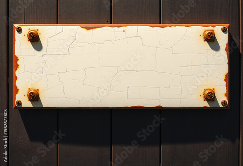 Vintage Weathered Metal Plaque with Rusty Edges and Screws on Dark Wood Wall