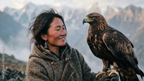 Woman smiling beside a hawk perched on her arm in a mountain setting
