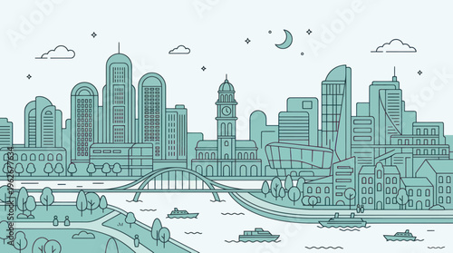 Outline illustration of a modern city skyline with river and bridges.