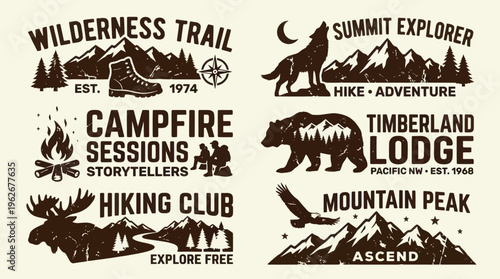 Outdoor Adventure and Wilderness Exploration Emblems Set.