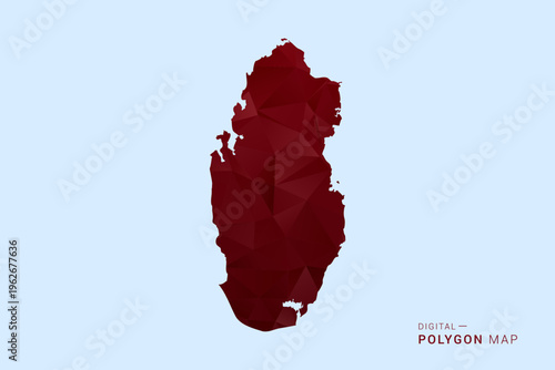 Qatar Map - Low poly polygon map in deep red gradient on light blue background, modern minimal geometric design, vector illustration with faceted triangulated style.