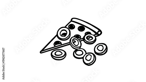 A black and white line drawing of a pizza slice with toppings, some of which are falling off