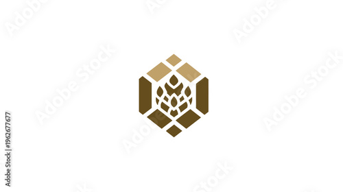 A geometric logo comprised of a hop-like shape within a hexagon, in two shades of brown on white background