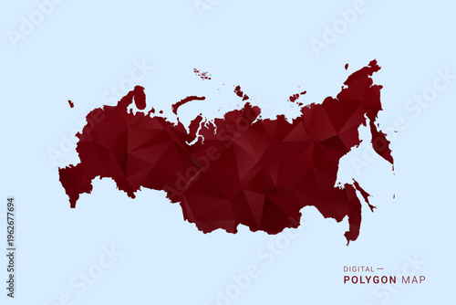 Russia Map - Low poly polygon map in deep red gradient on light blue background, modern minimal geometric design, vector illustration with faceted triangulated style.