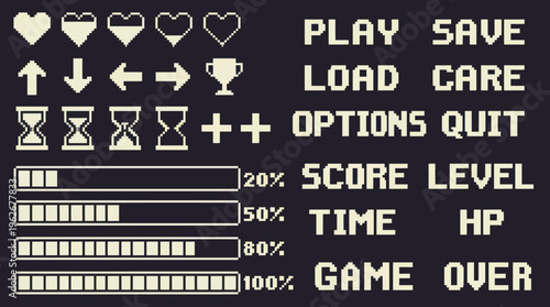 Retro Pixel Art Video Game Interface Elements and Icons Collection.