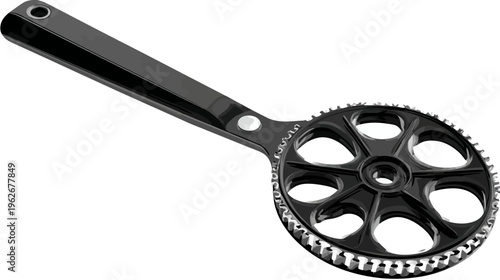 Black bicycle crankset, with a circular toothed chainring connected to a lever-like arm