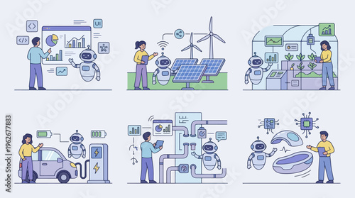 Robots and humans collaborating on various technological and environmental projects.