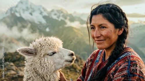 Woman standing beside a llama in a scenic mountainous regio