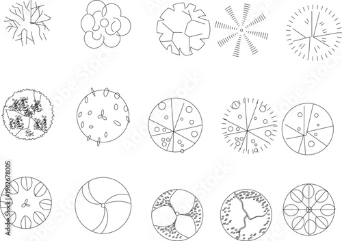 Technical architectural plan view symbols showing various trees, shrubs and plants with different canopy patterns for landscape design.