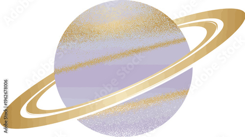A celestial body with a light-purple and gold aesthetic, rings present, with gold speckling