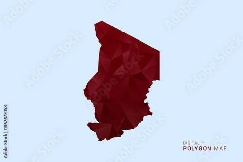 Chad Map - Low poly polygon map in deep red gradient on light blue background, modern minimal geometric design, vector illustration with faceted triangulated style.