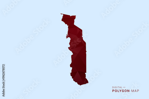 Togo Map - Low poly polygon map in deep red gradient on light blue background, modern minimal geometric design, vector illustration with faceted triangulated style.