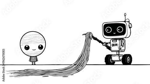 A cartoon planet-person watches a robot mop something long. Black and white, whimsical style