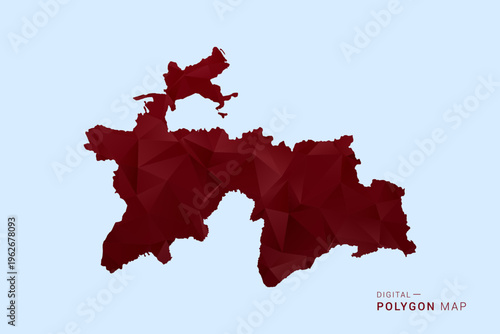 Tajikistan Map - Low poly polygon map in deep red gradient on light blue background, modern minimal geometric design, vector illustration with faceted triangulated style.