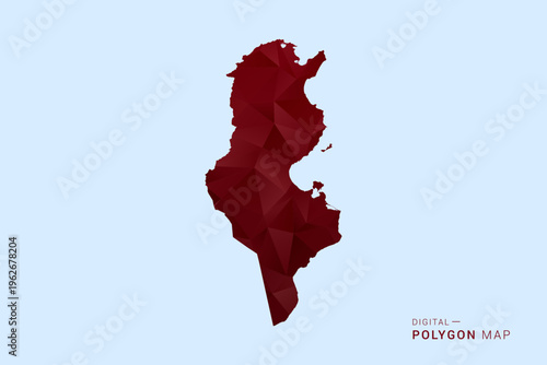 Tunisia Map - Low poly polygon map in deep red gradient on light blue background, modern minimal geometric design, vector illustration with faceted triangulated style.