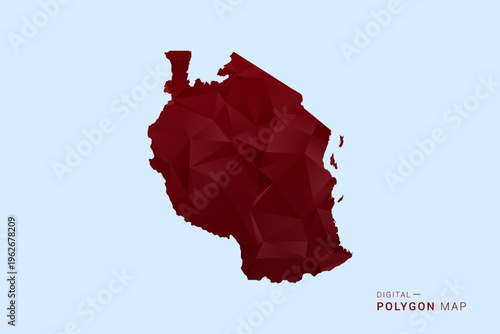 Tanzania Map - Low poly polygon map in deep red gradient on light blue background, modern minimal geometric design, vector illustration with faceted triangulated style.