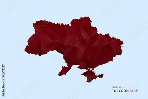 Ukraine Map - Low poly polygon map in deep red gradient on light blue background, modern minimal geometric design, vector illustration with faceted triangulated style.